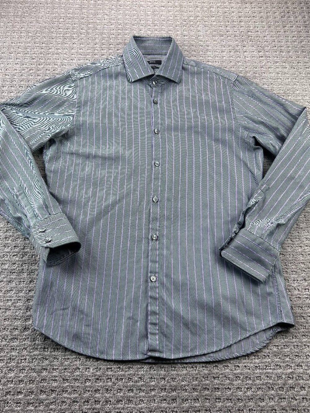 Hugo Boss Dress Shirt Men 42 161/2 Gray Purple Stripe Two Ply Made in Italy